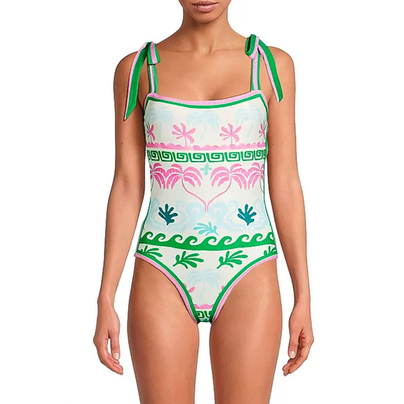 BEACH RIOT Women Shona One Piece Swimsuit Medium White Tropical Palm Tie NWT - Picture 1 of 13